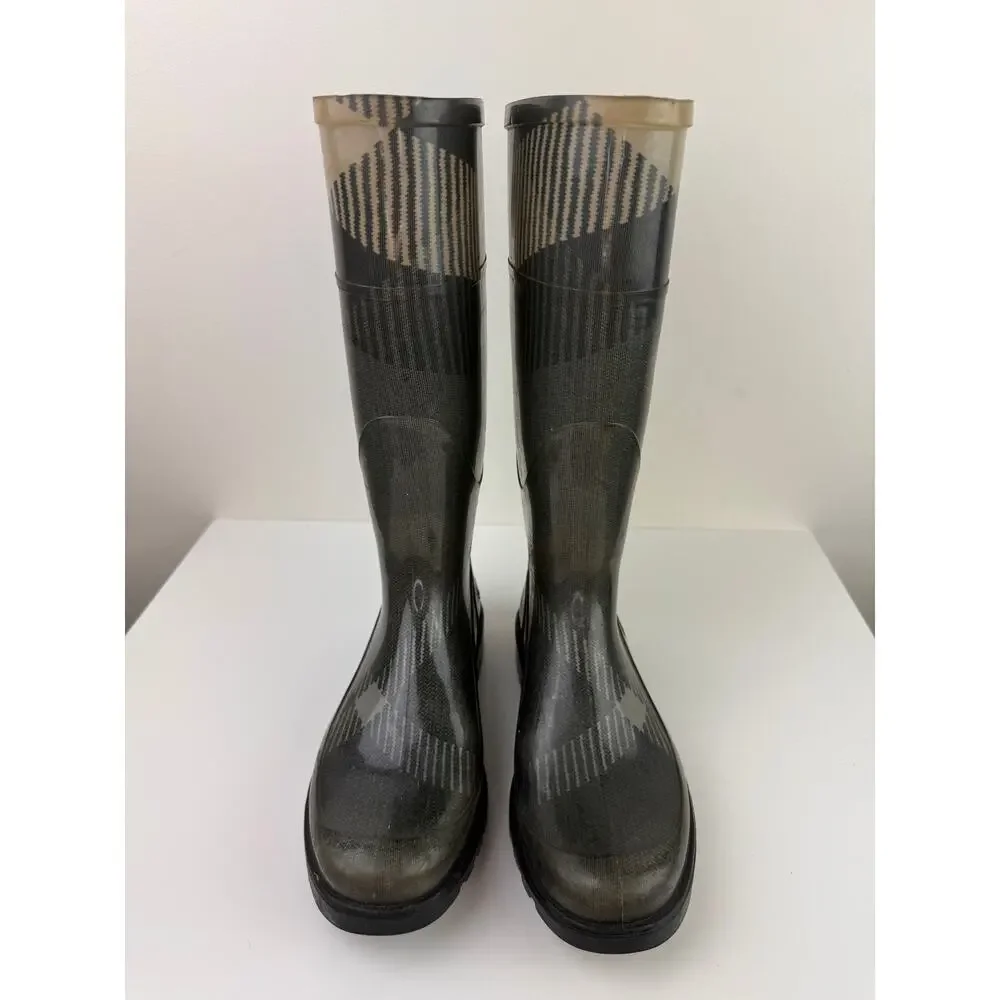 BURBERRY Gray 37 Rain Boots Rubber Big Scale Check Round Toe Knee High Pull On